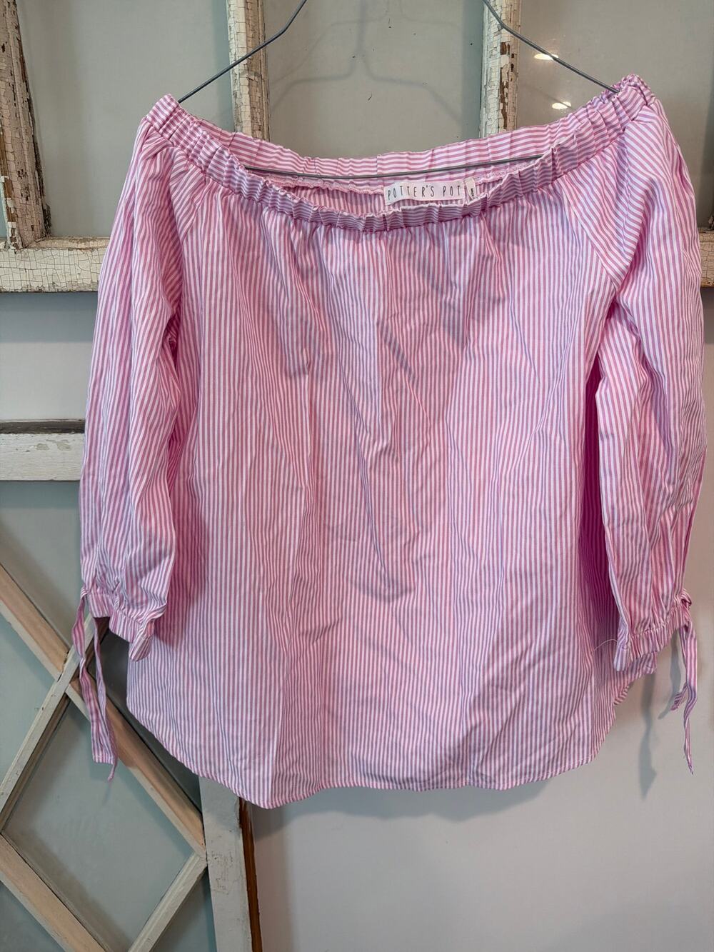 Potters Pot size large pink and white off shoulder top blouse